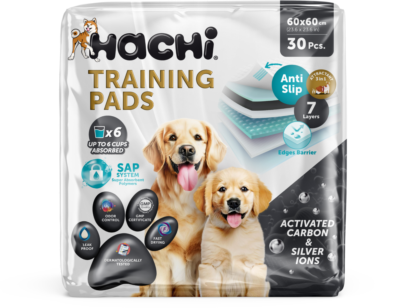 Hachi Training Pads - Activated Carbon - 60 x 60 cm - 30 Pcs Hachi Dog Υποσέντονα Εκπαίδευσης Σκύλου Καπιτονέ Με Αυτολόλλητα (Training Pads) 60x60cm 30τμχ. - Image 1