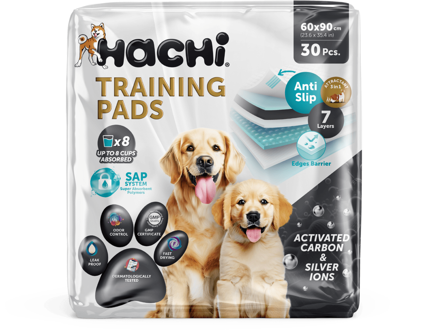 Hachi Training Pads - Activated Carbon - 60 x 90 cm - 30 Pcs Hachi Dog Υποσέντονα Εκπαίδευσης Σκύλου Καπιτονέ Με Αυτολόλλητα (Training Pads) 60x90cm 30τμχ. - Image 1